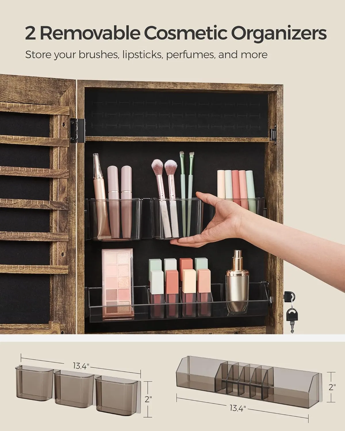 SONGMICS Jewelry Cabinet Armoire, Lockable Wall-Mounted Storage Organizer Unit with 2 Plastic Cosmetic Trays, Full-Length Frameless Mirror, Textured Brown UJJC001X01