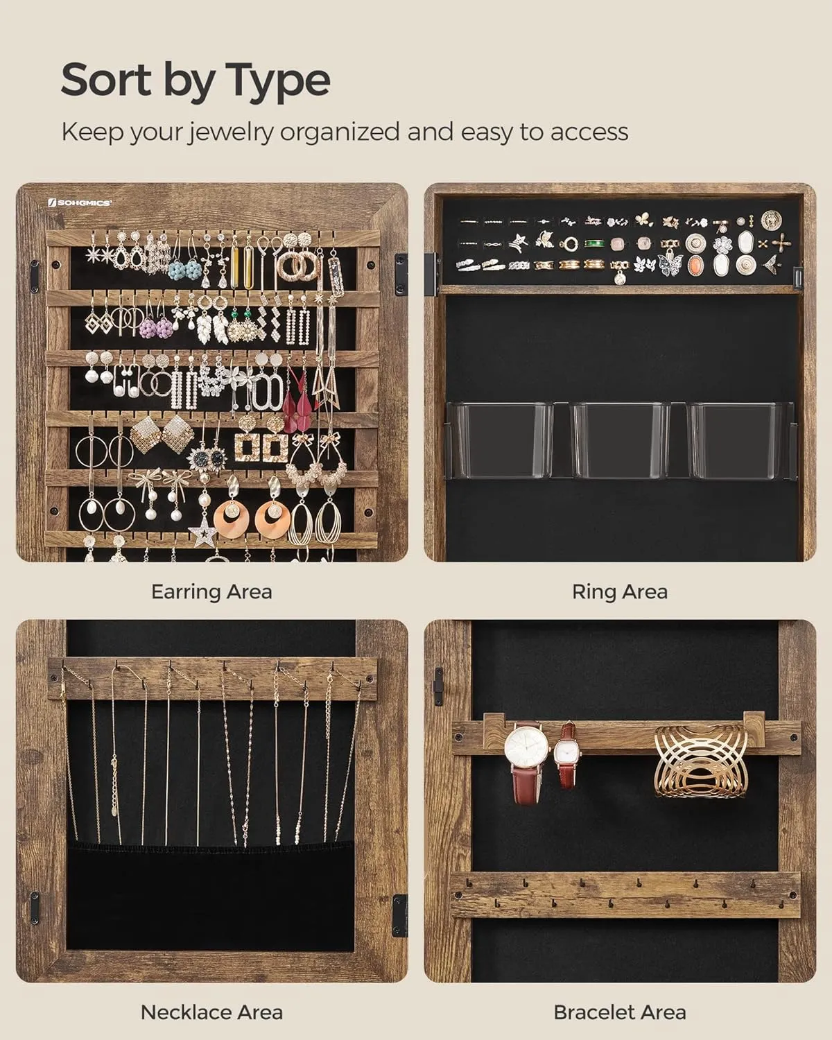 SONGMICS Jewelry Cabinet Armoire, Lockable Wall-Mounted Storage Organizer Unit with 2 Plastic Cosmetic Trays, Full-Length Frameless Mirror, Textured Brown UJJC001X01