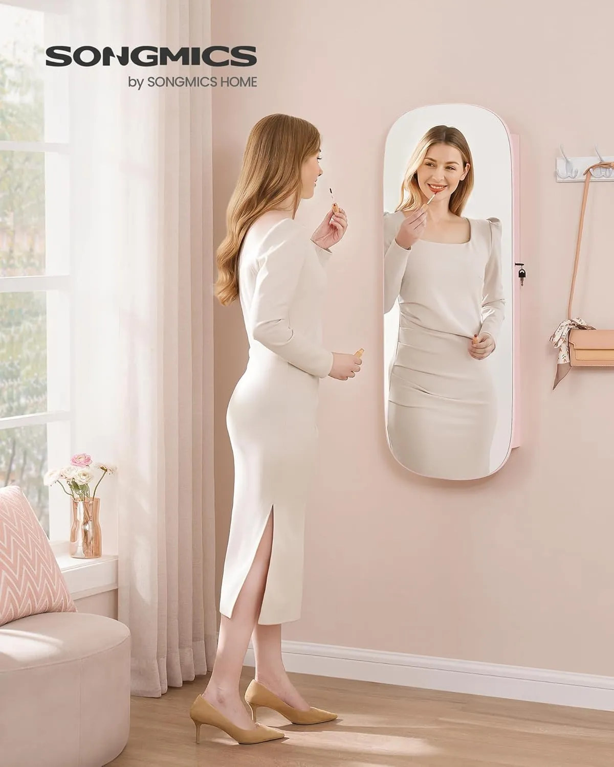 SONGMICS Jewelry Organizer, LED Jewelry Cabinet Wall/Door Mounted, Lockable Rounded Wide Mirror with Storage, Interior Mirror, 3.9 x 16.5 x 42.5 Inches, Jelly Pink Surface with Cream White Lining