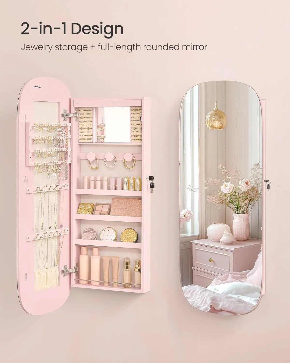 SONGMICS Jewelry Organizer, LED Jewelry Cabinet Wall/Door Mounted, Lockable Rounded Wide Mirror with Storage, Interior Mirror, 3.9 x 16.5 x 42.5 Inches, Jelly Pink Surface with Cream White Lining
