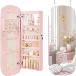 SONGMICS Jewelry Organizer, LED Jewelry Cabinet Wall/Door Mounted, Lockable Rounded Wide Mirror with Storage, Interior Mirror, 3.9 x 16.5 x 42.5 Inches, Jelly Pink Surface with Cream White Lining