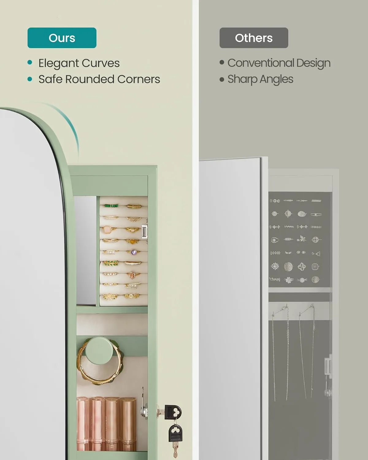 SONGMICS Jewelry Organizer, LED Jewelry Cabinet Wall/Door Mounted, Lockable Rounded Wide Mirror with Storage, Interior Mirror, 3.9 x 16.5 x 42.5 Inches, Laurel Green Surface with Cream White Lining