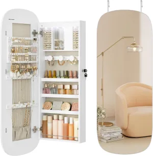 SONGMICS Jewelry Organizer, LED Jewelry Cabinet Wall/Door Mounted, Lockable Rounded Wide Mirror with Storage, Interior Mirror, 3.9 x 16.5 x 42.5 Inches, White Surface with Greige Lining