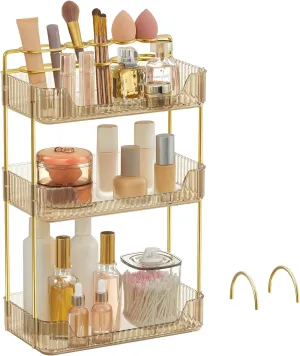 SONGMICS Makeup Organizer, 3-Tier Skincare Organizer Countertop, Customizable, 2 Types of Accessories, Jewelry Holder, for Vanity, Bedroom, Bathroom, Champagne Gold UJKA013A01