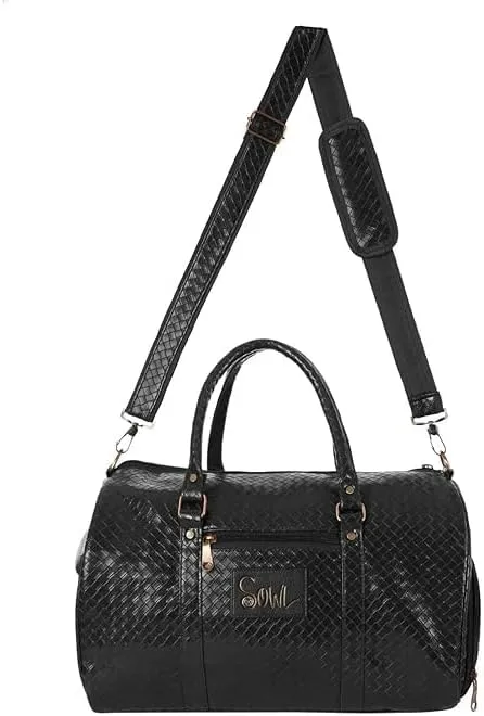 SOWL PU Leather Stylish Cabin Size Duffle Bag – Airline Friendly, Textured Design for Men and Women (Black)