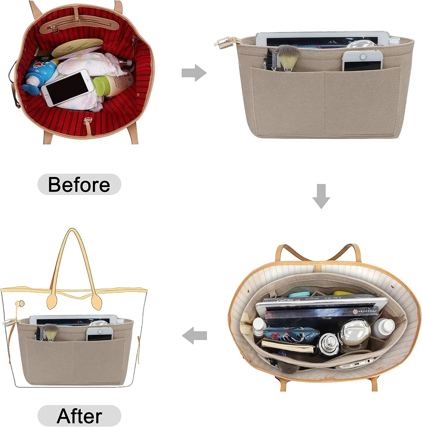 Soyizom Purse Organizer Insert Felt Purse Insert Bag Organizers Multi Pockets Tote Bag in Bag for Women,Beige-XL