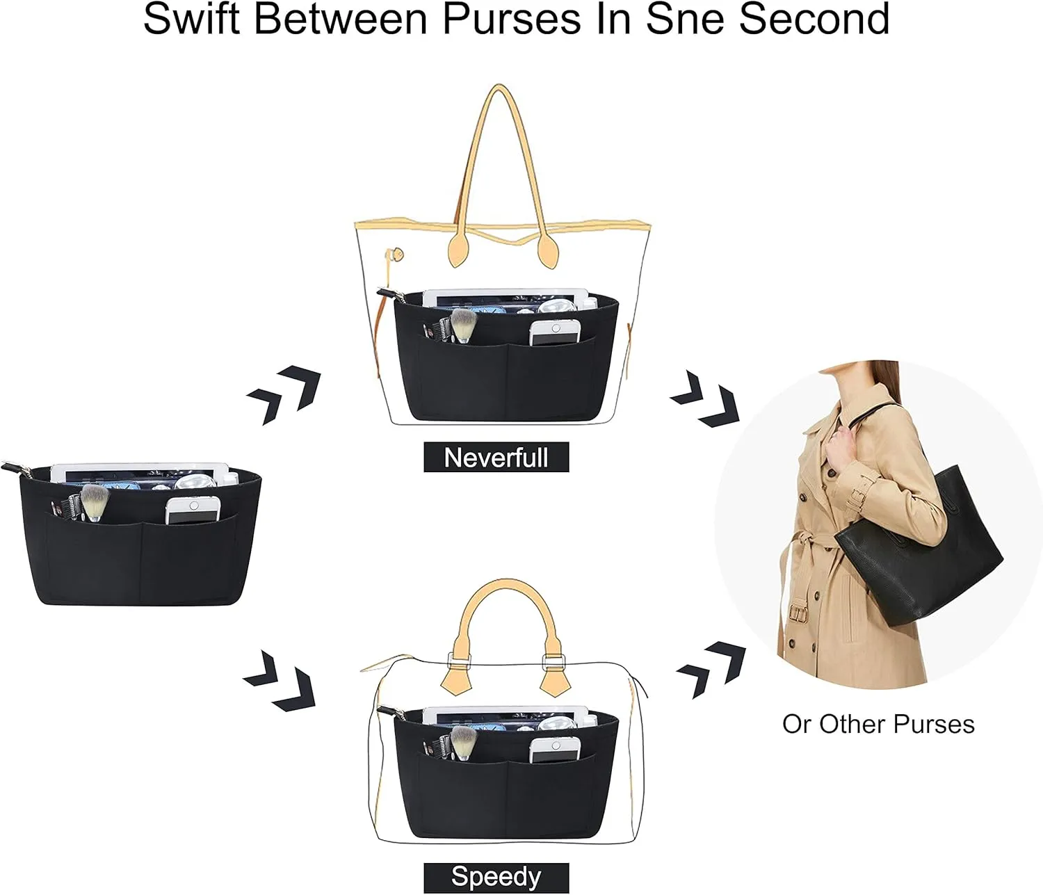 Soyizom Purse Organizer Insert Felt Purse Insert Bag Organizers Multi Pockets Tote Bag in Bag for Women,Black-XL