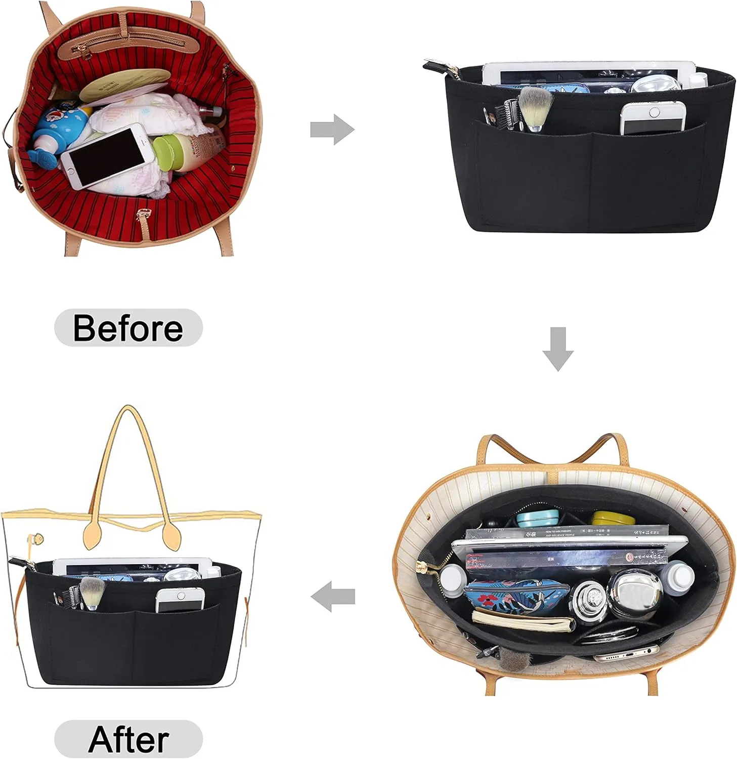 Soyizom Purse Organizer Insert Felt Purse Insert Bag Organizers Multi Pockets Tote Bag in Bag for Women,Black-XL