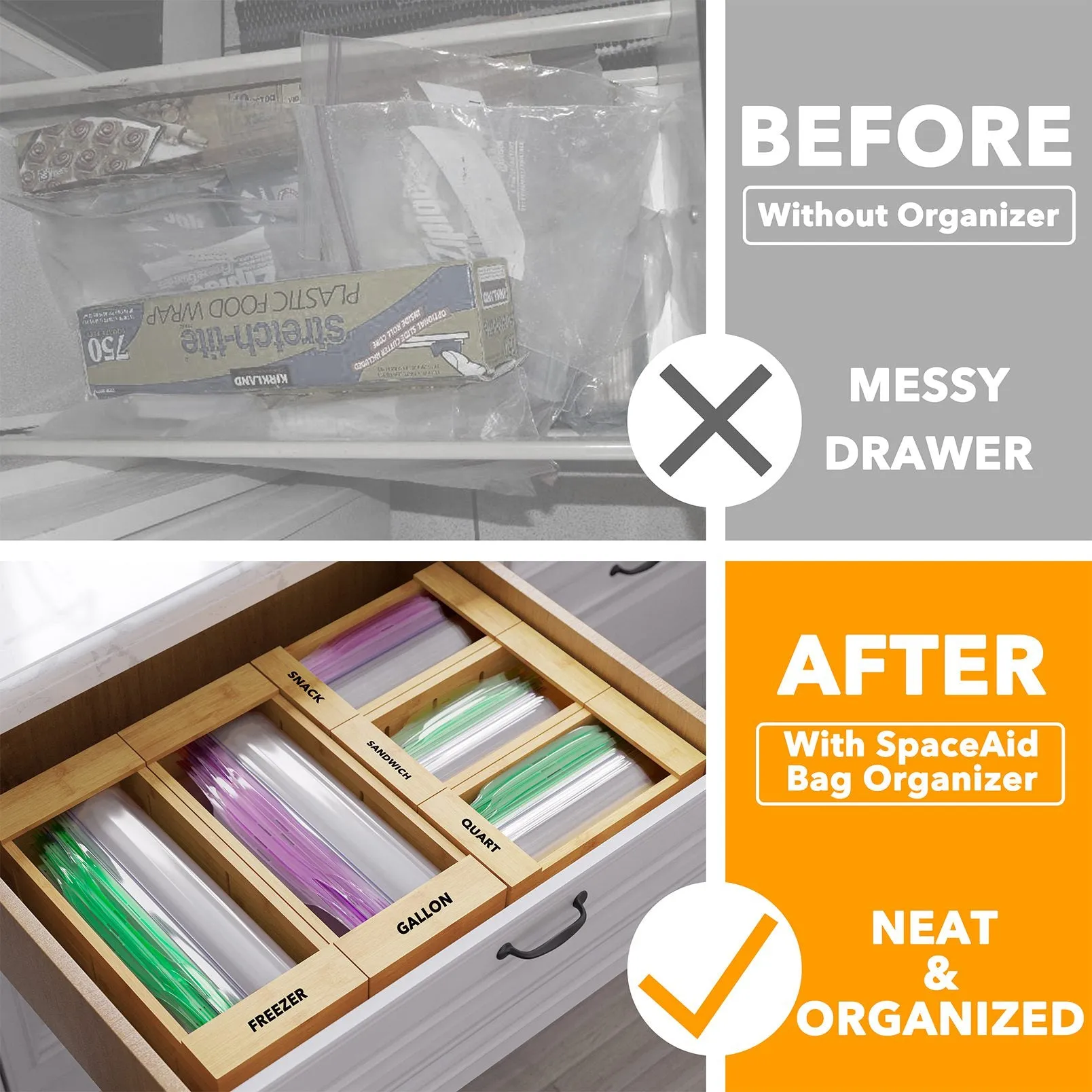 SpaceAid Bamboo Bag Organizer Storage for Kitchen Drawer, 5 Pack Set