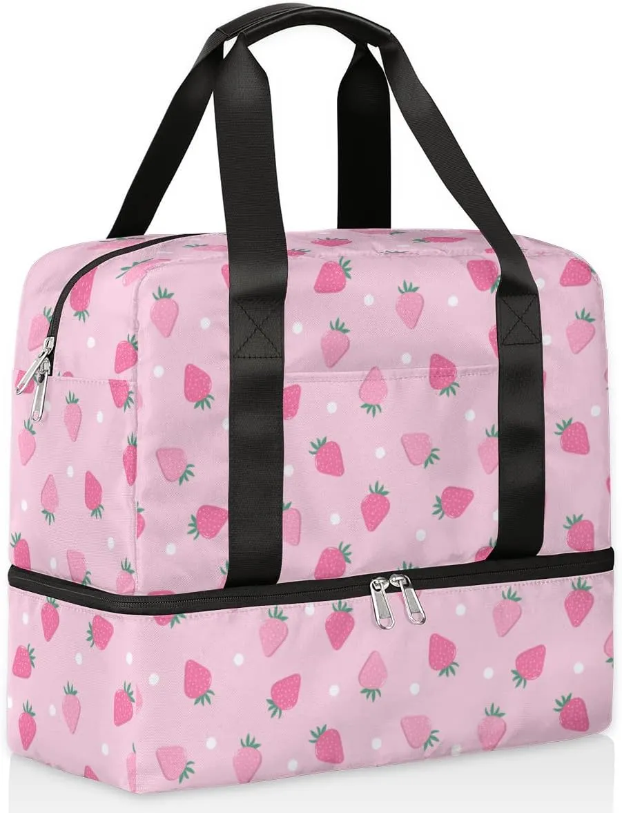 Sports Gym Bag Cute Strawberry Pink Travel Duffel Bag Waterproof Lightweight Swim Bag Travel Tote Luggage Weekender Overnight Handbag Workout Bag with Shoes Compartment for Women Men