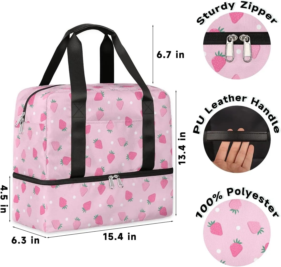 Sports Gym Bag Cute Strawberry Pink Travel Duffel Bag Waterproof Lightweight Swim Bag Travel Tote Luggage Weekender Overnight Handbag Workout Bag with Shoes Compartment for Women Men