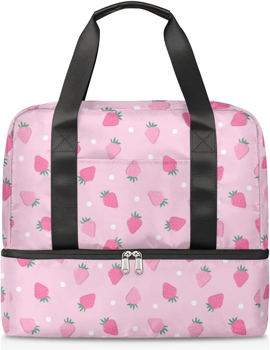 Sports Gym Bag Cute Strawberry Pink Travel Duffel Bag Waterproof Lightweight Swim Bag Travel Tote Luggage Weekender Overnight Handbag Workout Bag with Shoes Compartment for Women Men