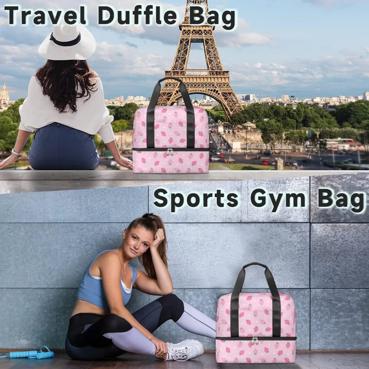 Sports Gym Bag Cute Strawberry Pink Travel Duffel Bag Waterproof Lightweight Swim Bag Travel Tote Luggage Weekender Overnight Handbag Workout Bag with Shoes Compartment for Women Men