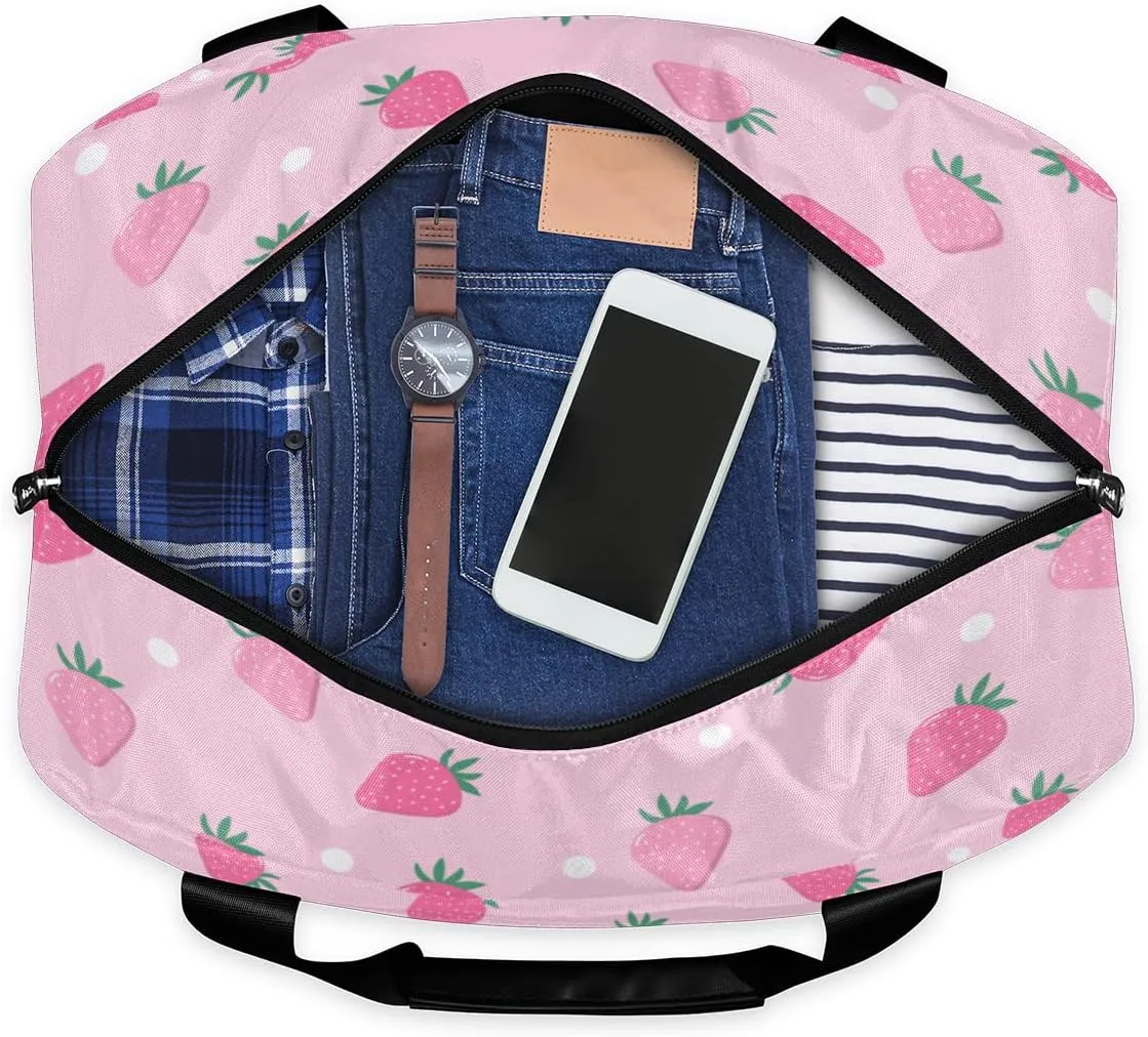 Sports Gym Bag Cute Strawberry Pink Travel Duffel Bag Waterproof Lightweight Swim Bag Travel Tote Luggage Weekender Overnight Handbag Workout Bag with Shoes Compartment for Women Men