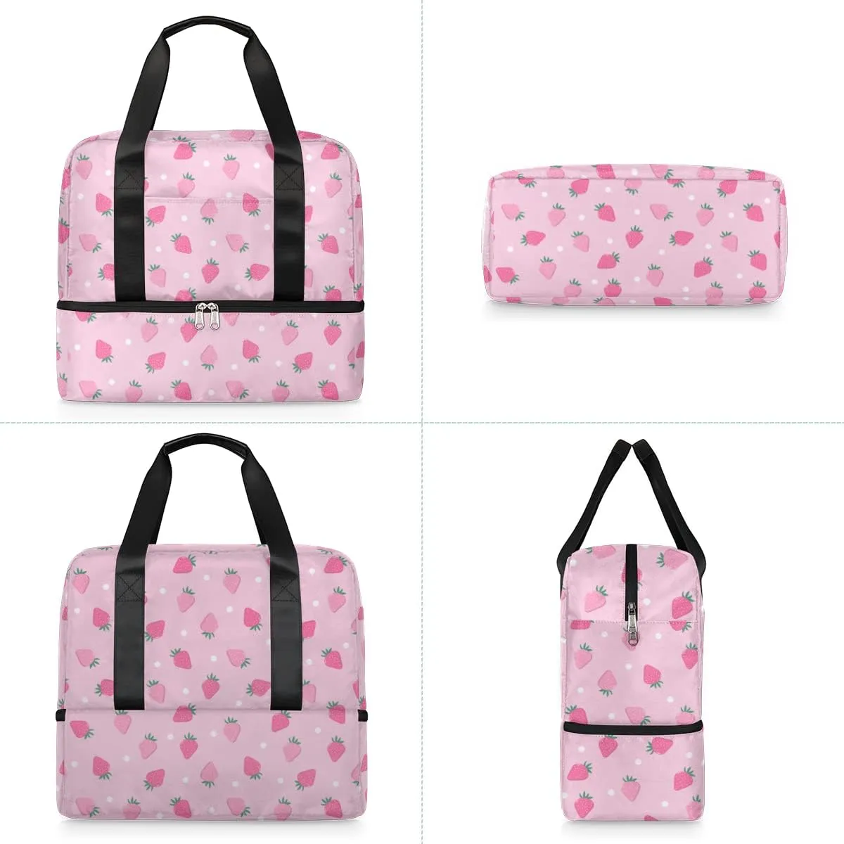 Sports Gym Bag Cute Strawberry Pink Travel Duffel Bag Waterproof Lightweight Swim Bag Travel Tote Luggage Weekender Overnight Handbag Workout Bag with Shoes Compartment for Women Men