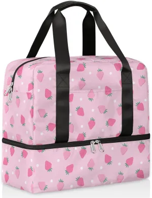 Sports Gym Bag Cute Strawberry Pink Travel Duffel Bag Waterproof Lightweight Swim Bag Travel Tote Luggage Weekender Overnight Handbag Workout Bag with Shoes Compartment for Women Men