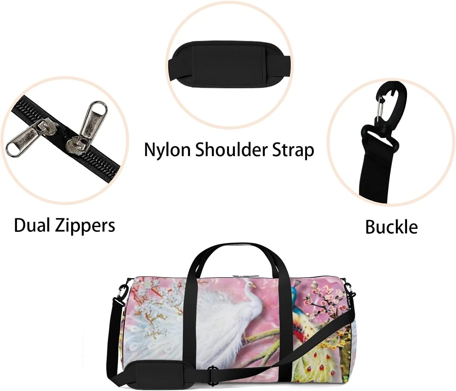 Sports Gym Bag for Women and Men Waterproof Two Lovely Peacock Pearl Pink Duffel Bag Lightweight Carryon Traveling Boarding Gripsack