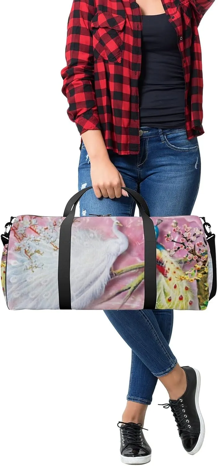 Sports Gym Bag for Women and Men Waterproof Two Lovely Peacock Pearl Pink Duffel Bag Lightweight Carryon Traveling Boarding Gripsack