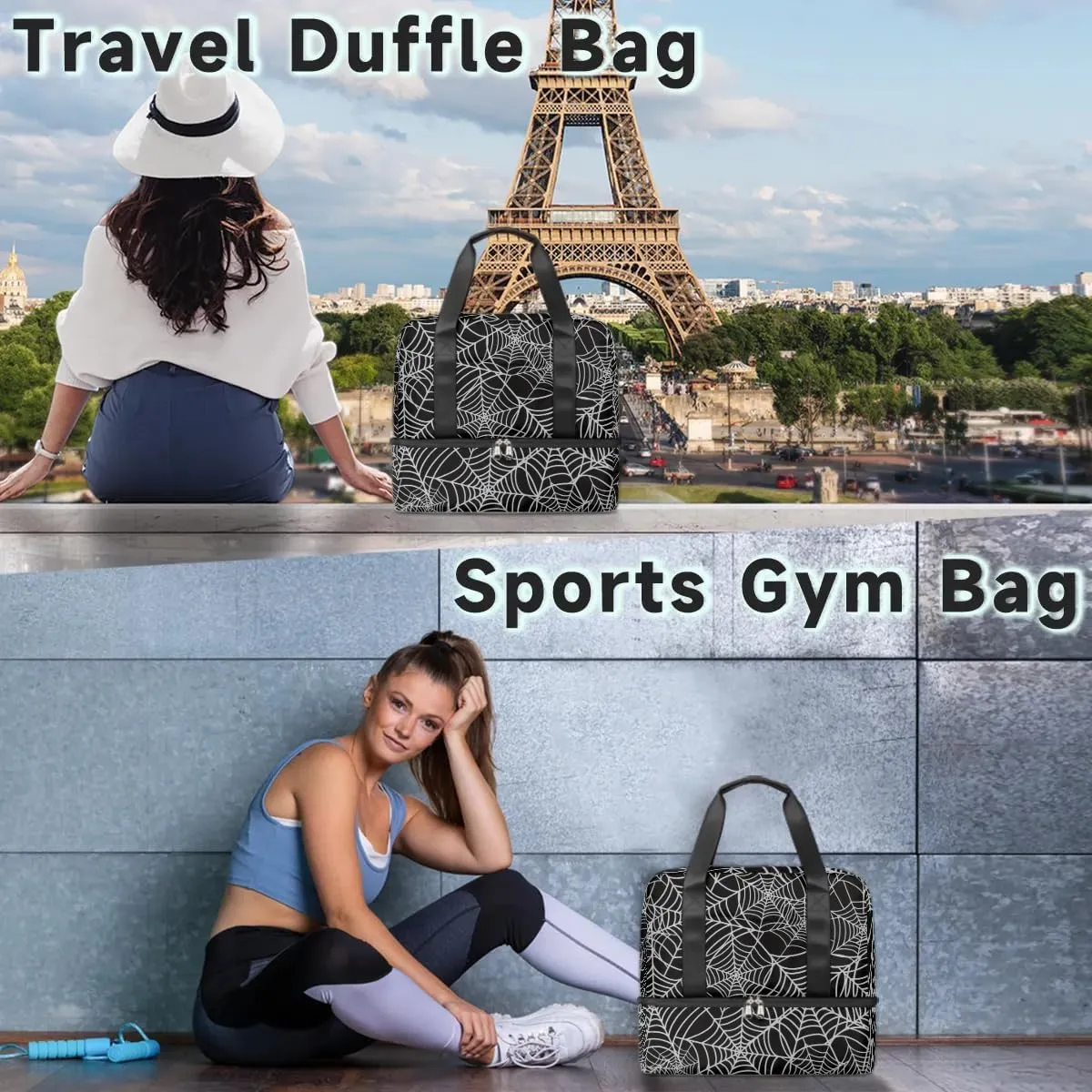 Sports Gym Bag Halloween Spider Web Travel Duffel Bag Waterproof Lightweight Swim Bag Travel Tote Luggage Weekender Overnight Handbag Workout Bag with Shoes Compartment for Women Men