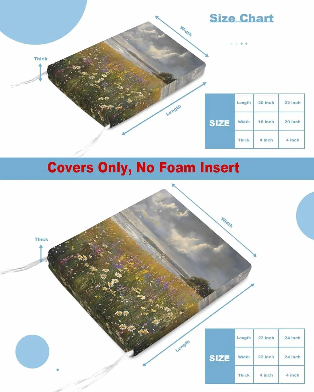 Spring Floral Outdoor Cushion Chair Cover Set of 2 - Waterproof Couch Seat Covers, Pastoral Flowers Modern Oil Painting Patio Furniture Protector Cushions Slipcovers for Sofa/RV, 22"x22"x4"