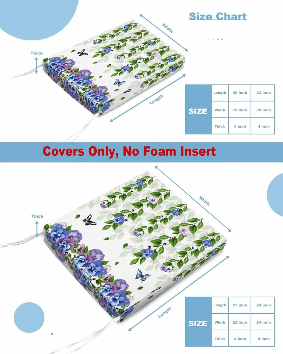 Spring Floral Outdoor Cushion Chair Cover Set of 4 - Waterproof Couch Seat Covers, Summer Farmhouse Botanical Butterfly Patio Furniture Protector Cushions Slipcovers for Sofa/RV, 20"x18"x4"