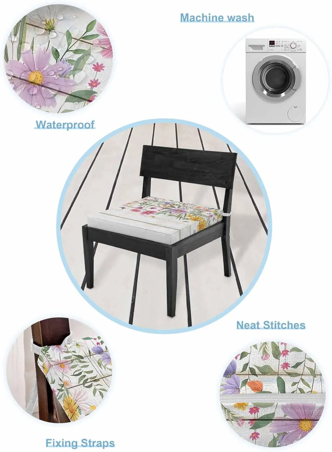 Spring Flowers Outdoor Cushion Chair Cover Set of 4 - Waterproof Couch Seat Covers, Botanical Floral Butterfly Wooden Grain Patio Furniture Protector Cushions Slipcovers for Sofa/RV, 22"x22"x4"