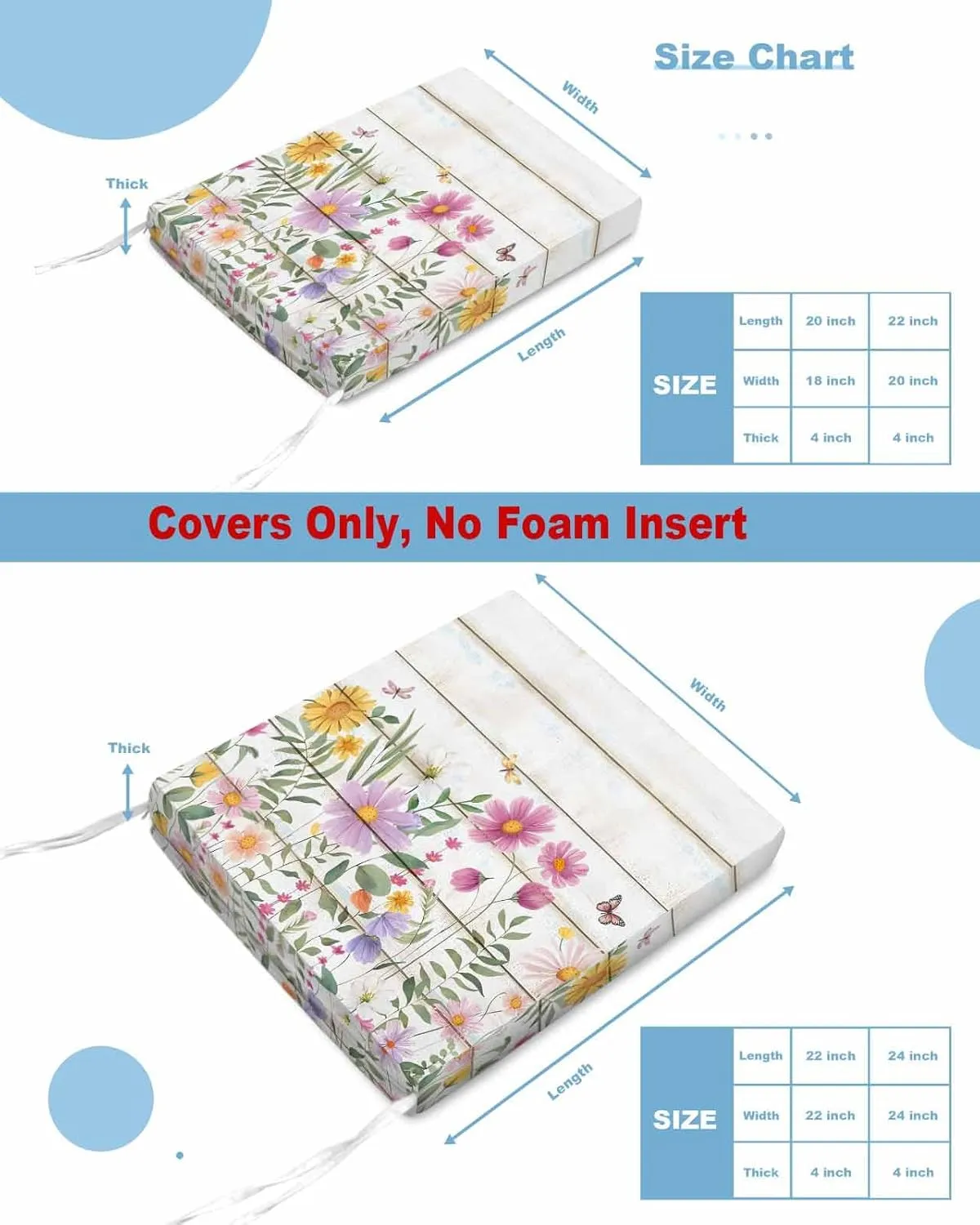 Spring Flowers Outdoor Cushion Chair Cover Set of 4 - Waterproof Couch Seat Covers, Botanical Floral Butterfly Wooden Grain Patio Furniture Protector Cushions Slipcovers for Sofa/RV, 22"x22"x4"