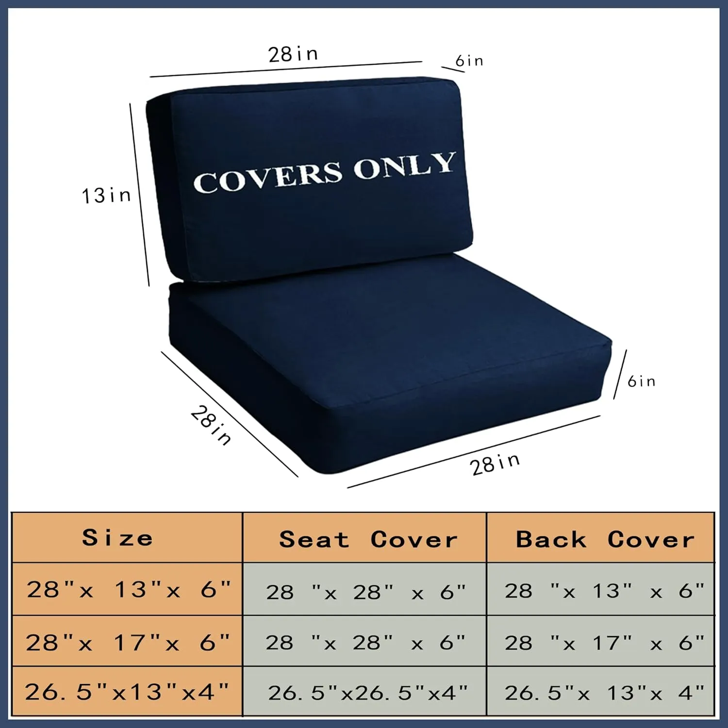 Sqodok Deep Outdoor Seating Patio Cushion Set Covers Replacement, 4PCS Durable Outdoor Cushions Cover, Patio Furniture Cushions Slipcovers (Dark Blue, Seat 28"x 28"x 6"   Back 28"x 13"x 6")