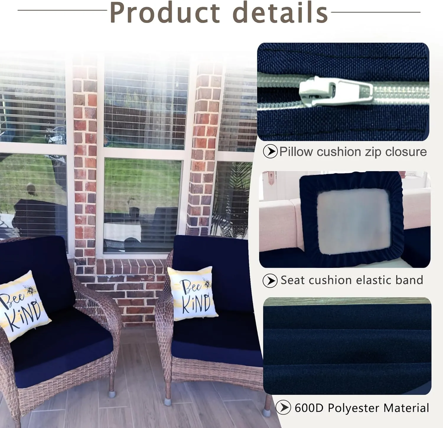 Sqodok Deep Outdoor Seating Patio Cushion Set Covers Replacement, 4PCS Durable Outdoor Cushions Cover, Patio Furniture Cushions Slipcovers (Dark Blue, Seat 28"x 28"x 6"   Back 28"x 13"x 6")