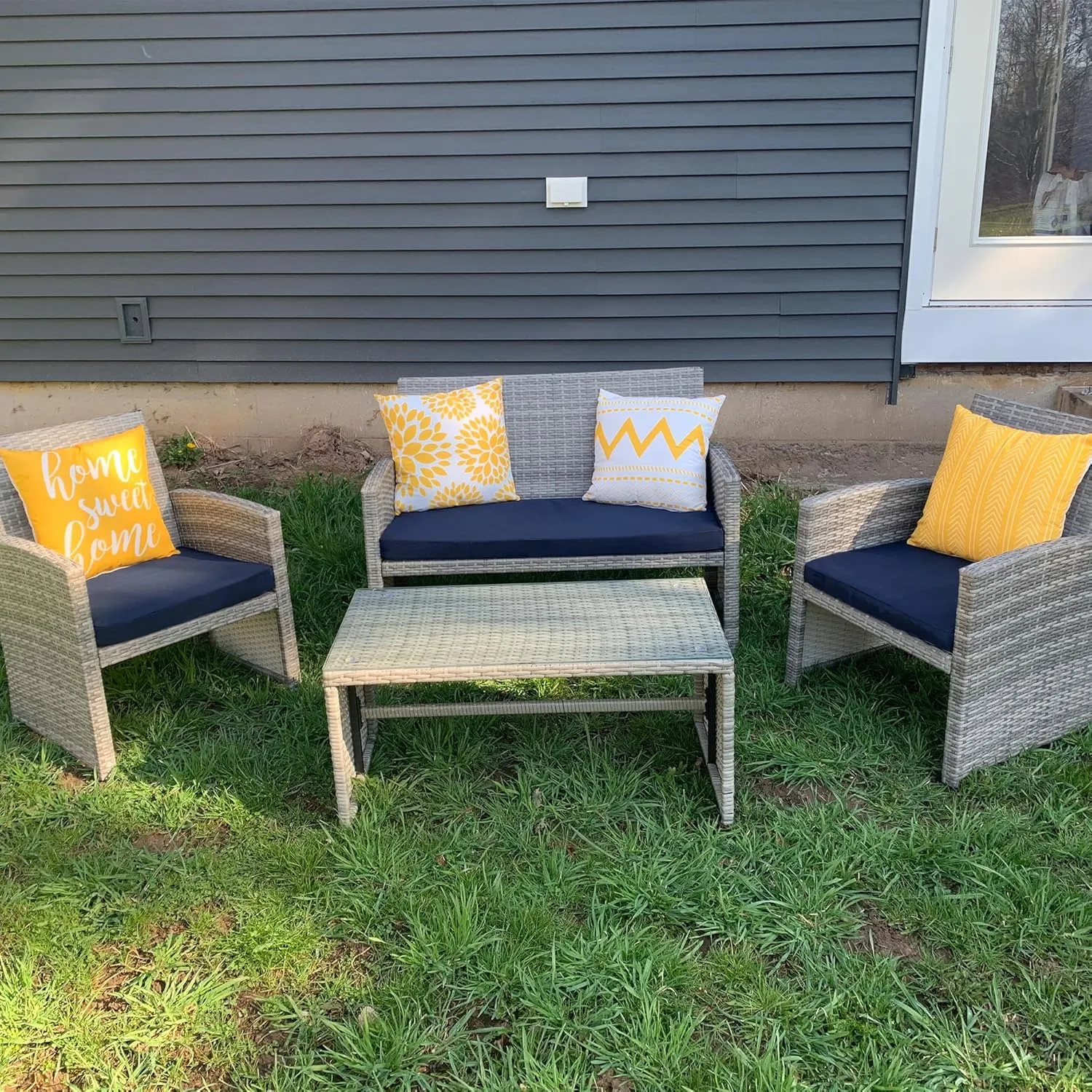 Sqodok Patio Outdoor Cushion Covers Set 3 Pack Furniture Seat Cushions Replacement Covers Waterproof Fit for 4-Seater Wicker Rattan Conversation Set Sofa Loveseat Chair Couch，38x19x2,19x19x2, Blue
