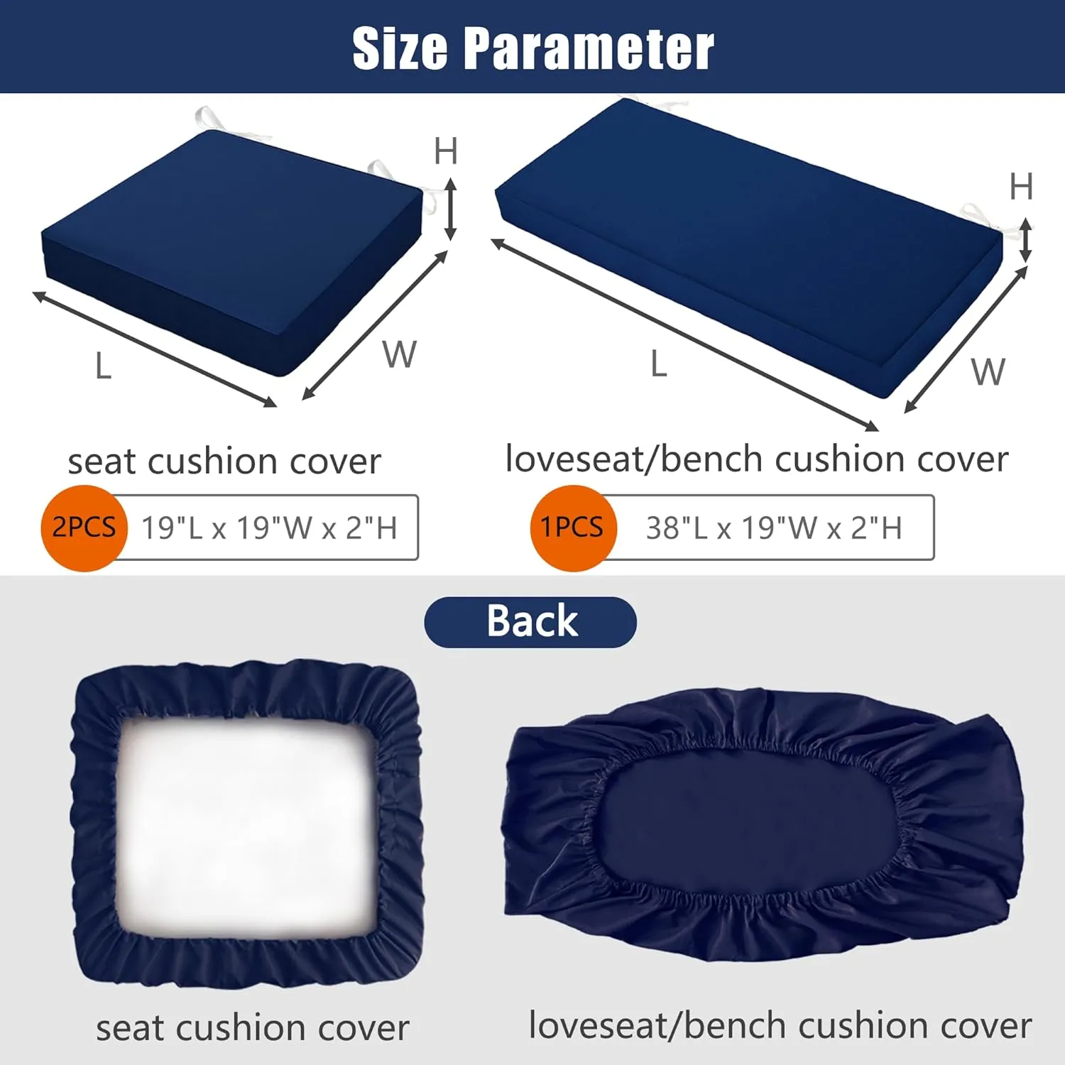 Sqodok Patio Outdoor Cushion Covers Set 3 Pack Furniture Seat Cushions Replacement Covers Waterproof Fit for 4-Seater Wicker Rattan Conversation Set Sofa Loveseat Chair Couch，38x19x2,19x19x2, Blue