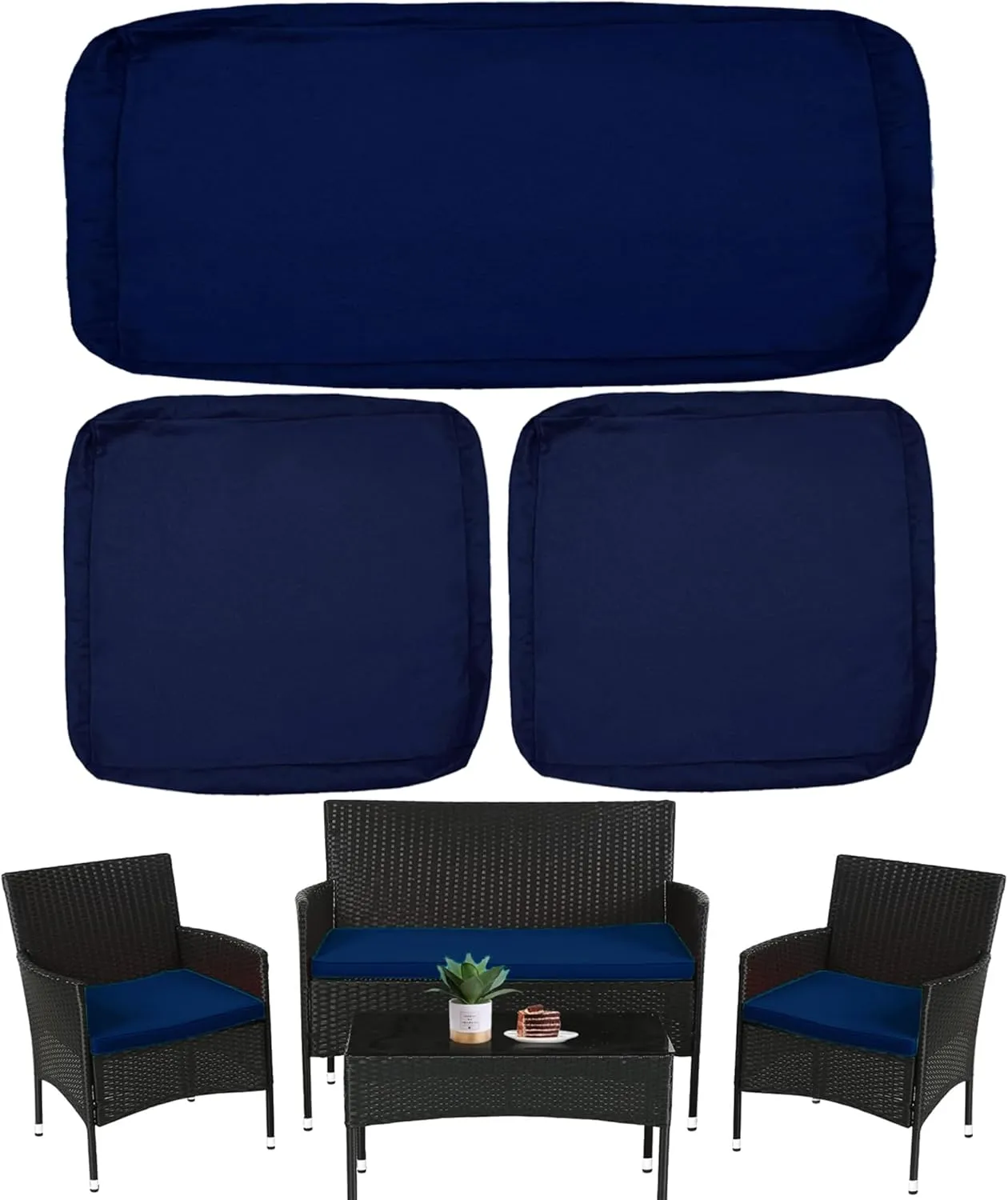 Sqodok Patio Outdoor Cushion Covers Set 3 Pack Furniture Seat Cushions Replacement Covers Waterproof Fit for 4-Seater Wicker Rattan Conversation Set Sofa Loveseat Chair Couch，38x19x2,19x19x2, Blue