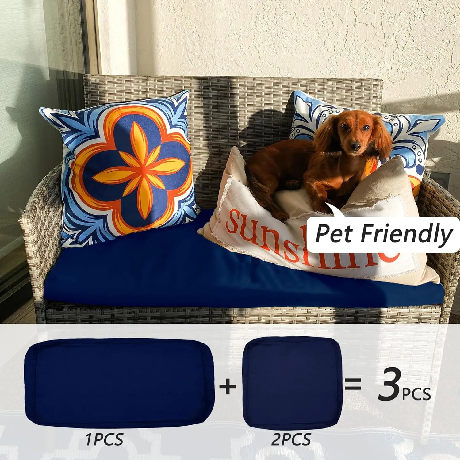 Sqodok Patio Outdoor Cushion Covers Set 3 Pack Furniture Seat Cushions Replacement Covers Waterproof Fit for 4-Seater Wicker Rattan Conversation Set Sofa Loveseat Chair Couch，38x19x2,19x19x2, Blue
