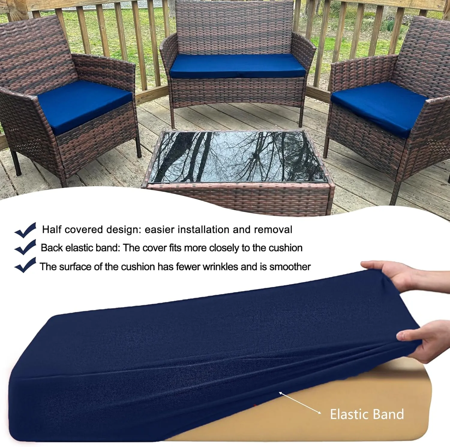 Sqodok Patio Outdoor Cushion Covers Set 3 Pack Furniture Seat Cushions Replacement Covers Waterproof Fit for 4-Seater Wicker Rattan Conversation Set Sofa Loveseat Chair Couch，38x19x2,19x19x2, Blue