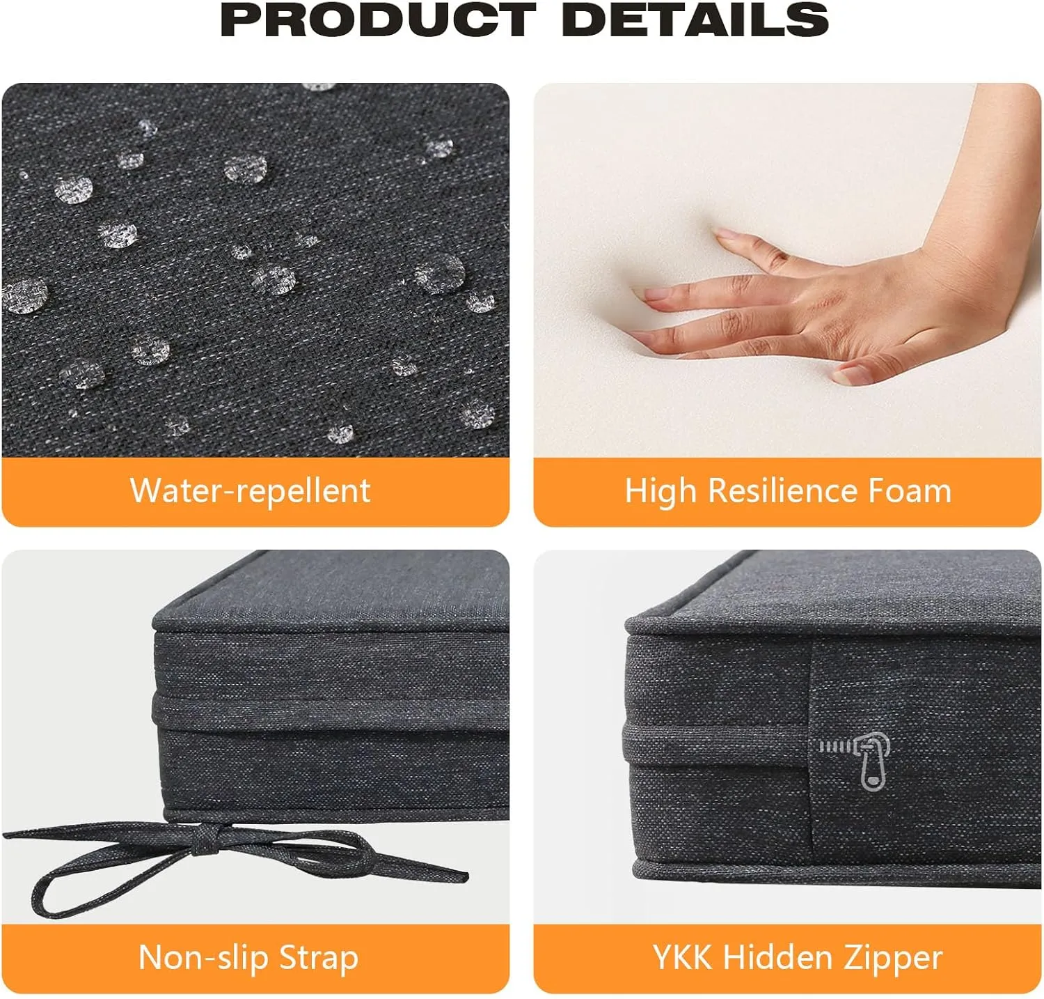 Square Corner Seat Cushions, 19" x 19" x 3", Set of 4, Indoor Outdoor Waterproof Weather Resistant Universal Chair Pads with Ties for Patio Furniture, Garden Deck Dining Chairs, Charcoal