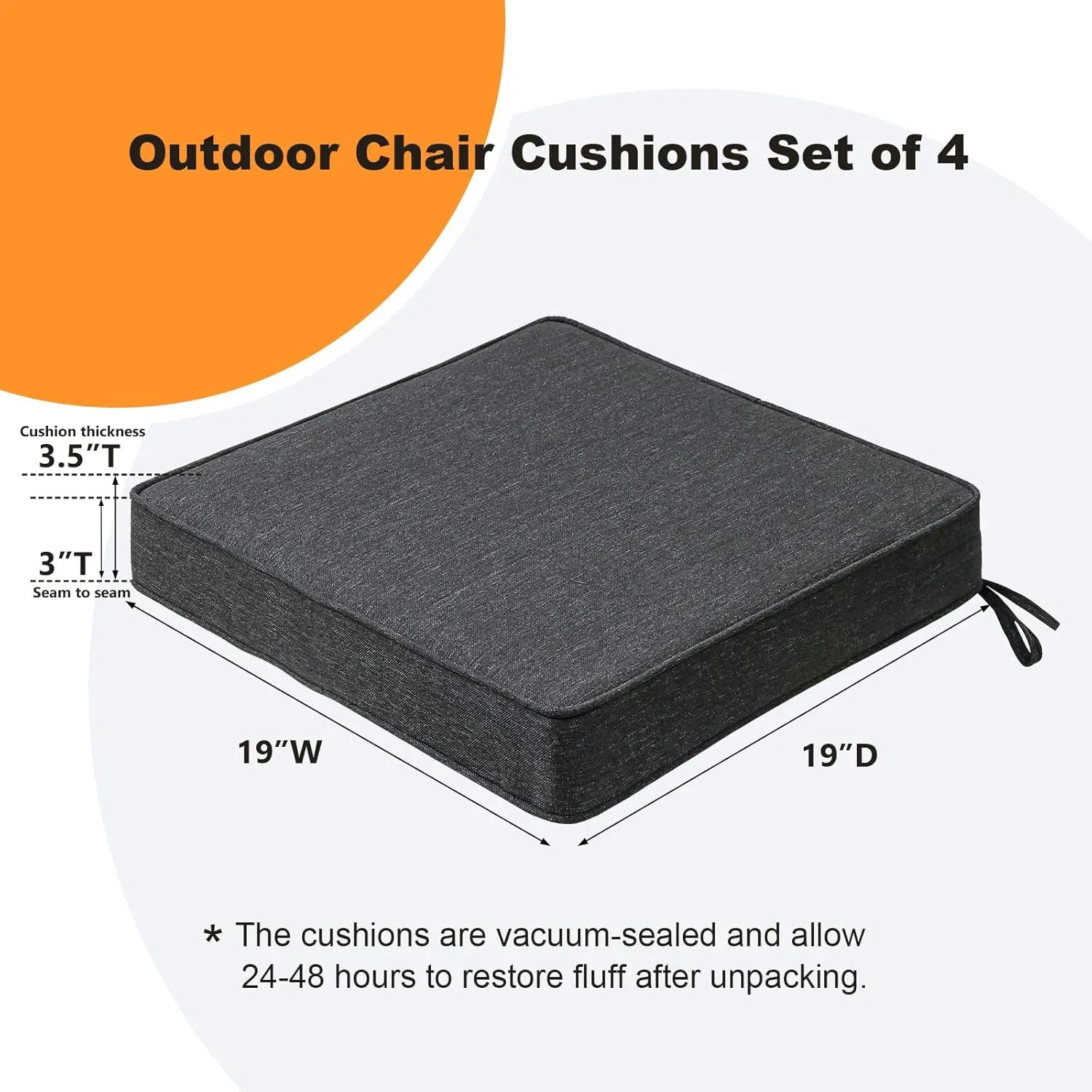 Square Corner Seat Cushions, 19" x 19" x 3", Set of 4, Indoor Outdoor Waterproof Weather Resistant Universal Chair Pads with Ties for Patio Furniture, Garden Deck Dining Chairs, Charcoal