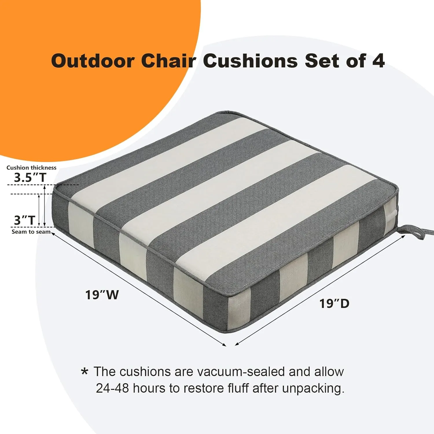Square Corner Seat Cushions, 19" x 19" x 3", Set of 4, Indoor Outdoor Waterproof Weather Resistant Universal Chair Pads with Ties for Patio Furniture, Garden Deck Dining Chairs, Gray Stripe