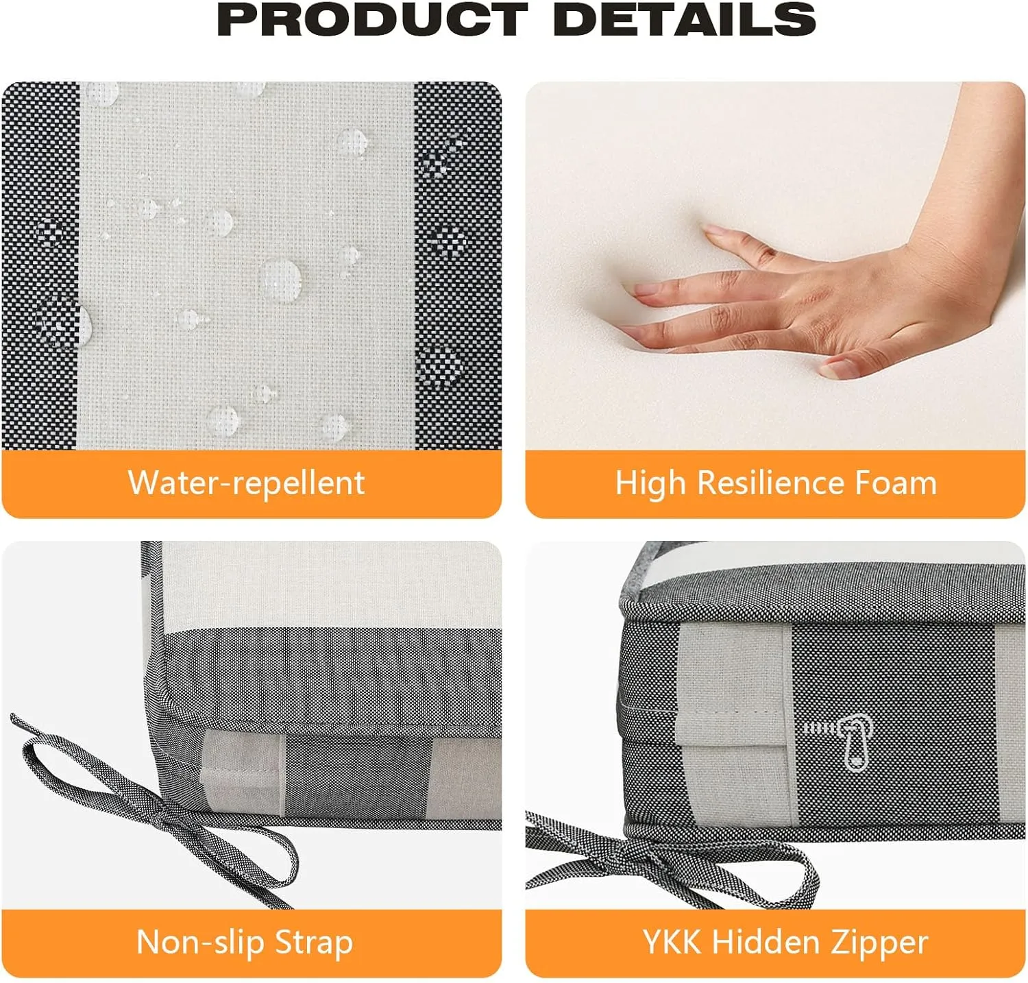 Square Corner Seat Cushions, 19" x 19" x 3", Set of 4, Indoor Outdoor Waterproof Weather Resistant Universal Chair Pads with Ties for Patio Furniture, Garden Deck Dining Chairs, Gray Stripe
