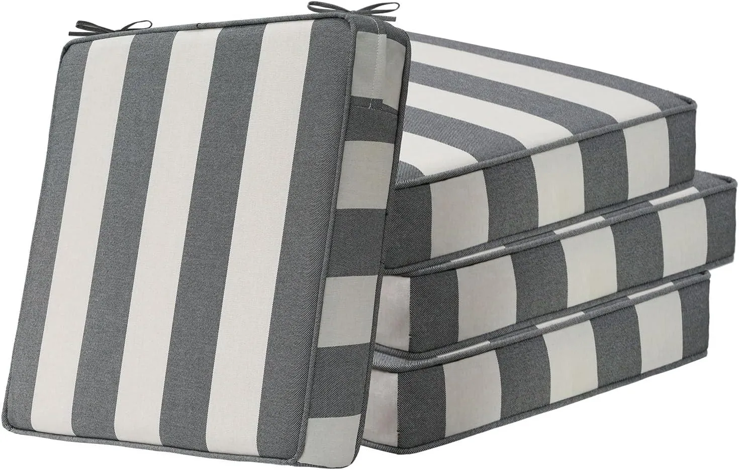 Square Corner Seat Cushions, 19" x 19" x 3", Set of 4, Indoor Outdoor Waterproof Weather Resistant Universal Chair Pads with Ties for Patio Furniture, Garden Deck Dining Chairs, Gray Stripe