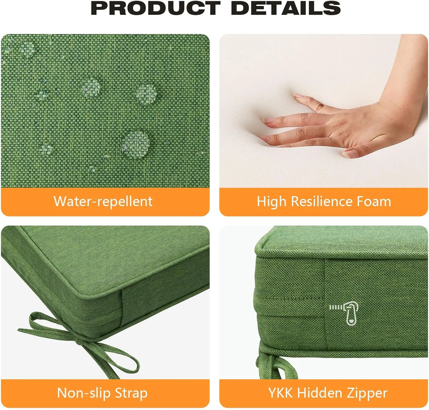 Square Corner Seat Cushions, 19" x 19" x 3", Set of 4, Indoor Outdoor Waterproof Weather Resistant Universal Chair Pads with Ties for Patio Furniture, Garden Deck Dining Chairs, Lawn Green