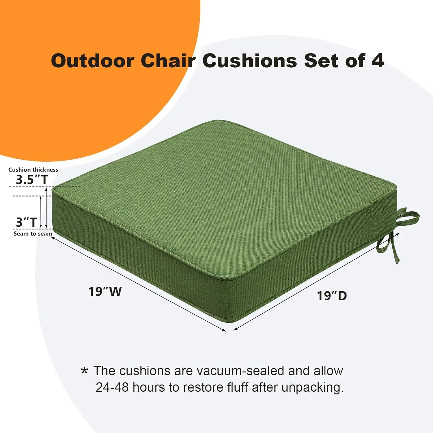 Square Corner Seat Cushions, 19" x 19" x 3", Set of 4, Indoor Outdoor Waterproof Weather Resistant Universal Chair Pads with Ties for Patio Furniture, Garden Deck Dining Chairs, Lawn Green