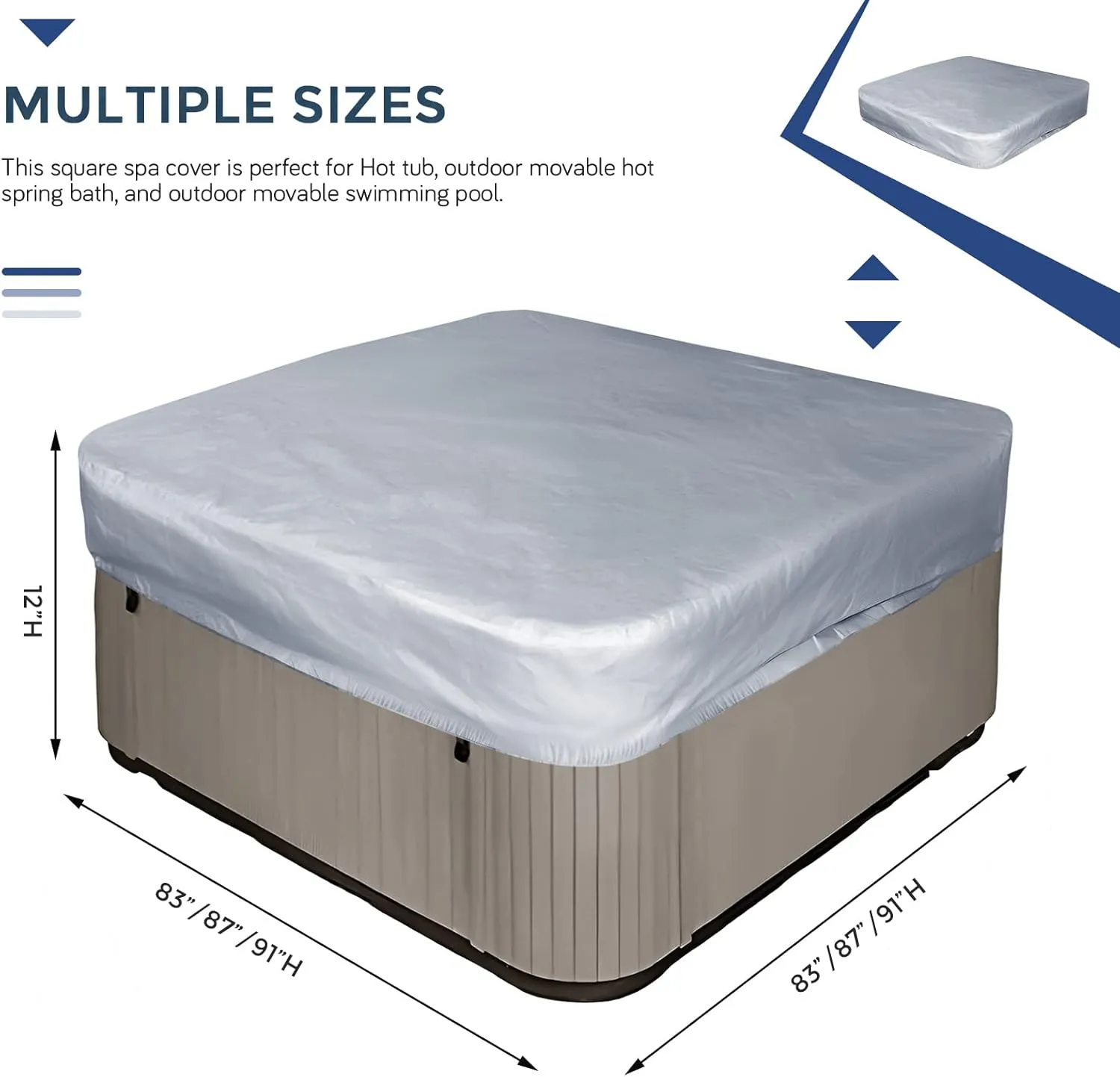 Square Hot Tub Cover Garden Hot Tub Spa Cover Replacement Waterproof UV Protected Rectangular Spa Cover Outdoor Spa Covers(91''Lx91''Wx12''H, Grey)