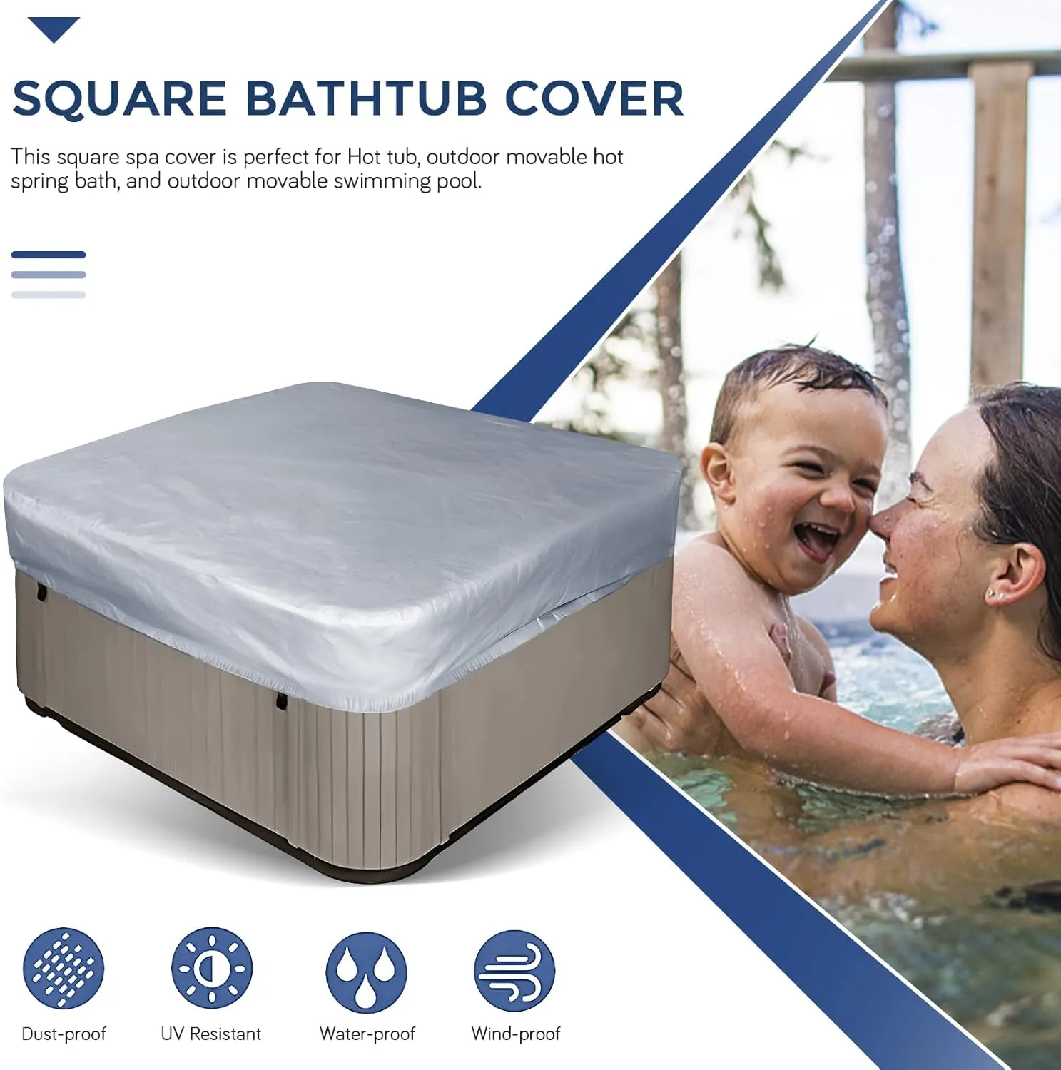 Square Hot Tub Cover Garden Hot Tub Spa Cover Replacement Waterproof UV Protected Rectangular Spa Cover Outdoor Spa Covers(91''Lx91''Wx12''H, Grey)