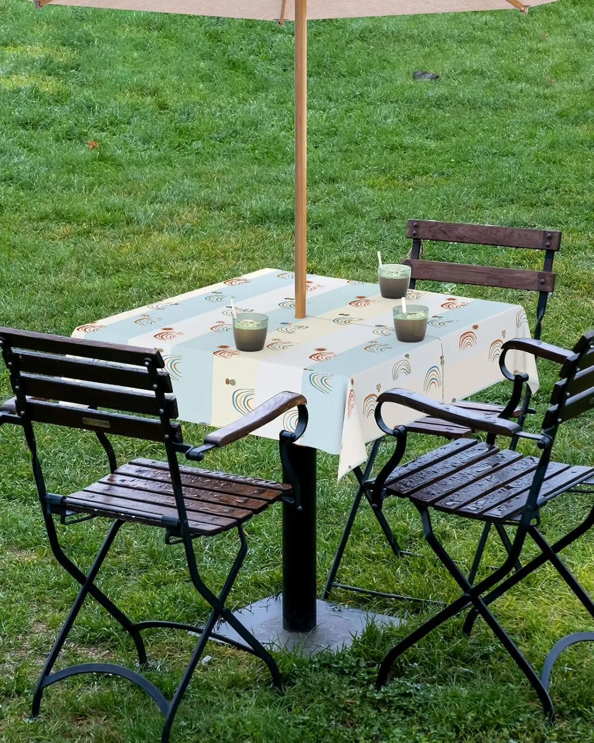 Square Outdoor Table Cloth 54 Inch Art Cartoon Abstract Rainbow with Mushroom Blue Stripes Tablecloth with Umbrella Hole, Zipper Table Cover Waterproof Tablecloths for Patio Party Picnic