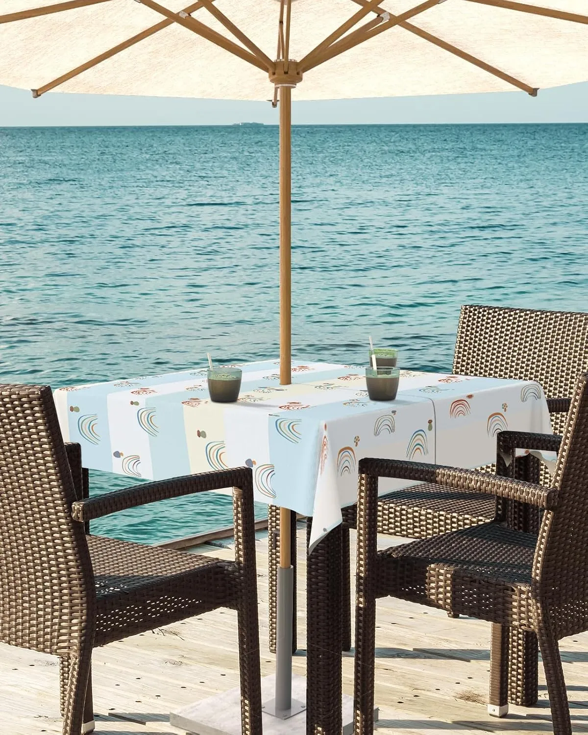 Square Outdoor Table Cloth 54 Inch Art Cartoon Abstract Rainbow with Mushroom Blue Stripes Tablecloth with Umbrella Hole, Zipper Table Cover Waterproof Tablecloths for Patio Party Picnic