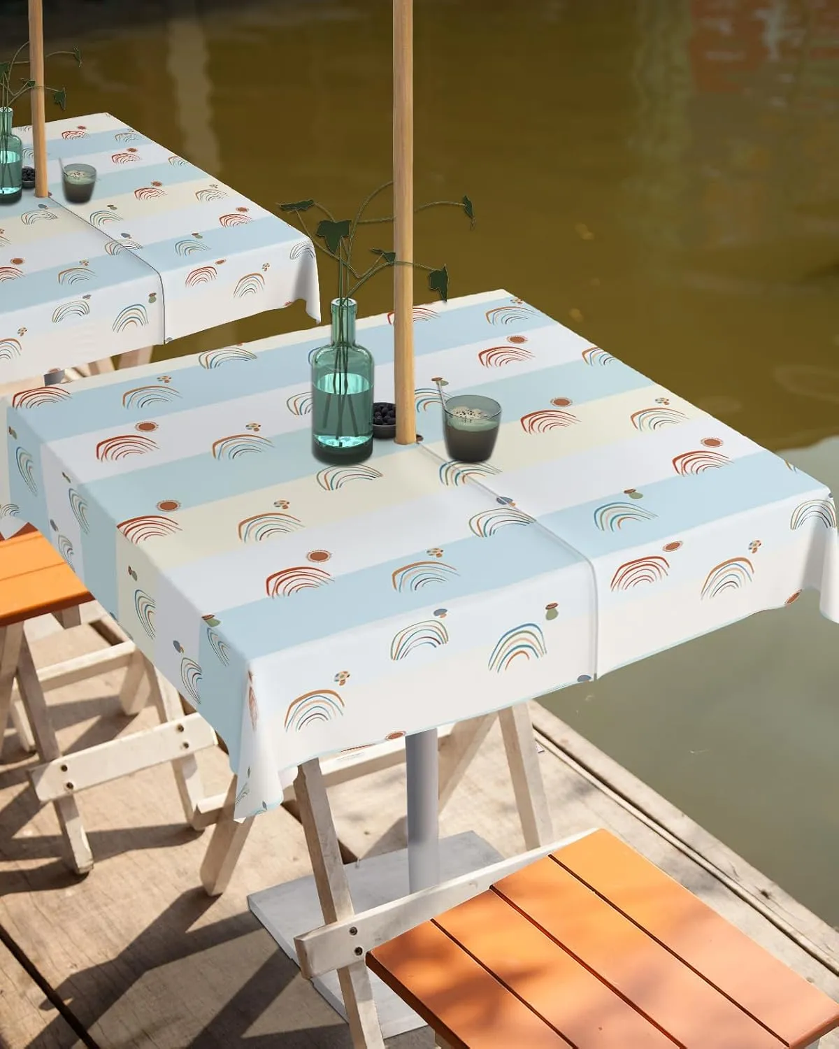 Square Outdoor Table Cloth 54 Inch Art Cartoon Abstract Rainbow with Mushroom Blue Stripes Tablecloth with Umbrella Hole, Zipper Table Cover Waterproof Tablecloths for Patio Party Picnic