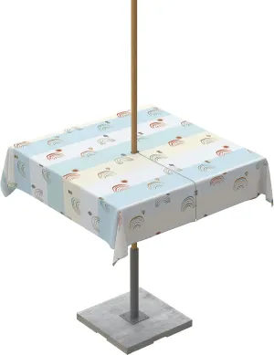 Square Outdoor Table Cloth 54 Inch Art Cartoon Abstract Rainbow with Mushroom Blue Stripes Tablecloth with Umbrella Hole, Zipper Table Cover Waterproof Tablecloths for Patio Party Picnic