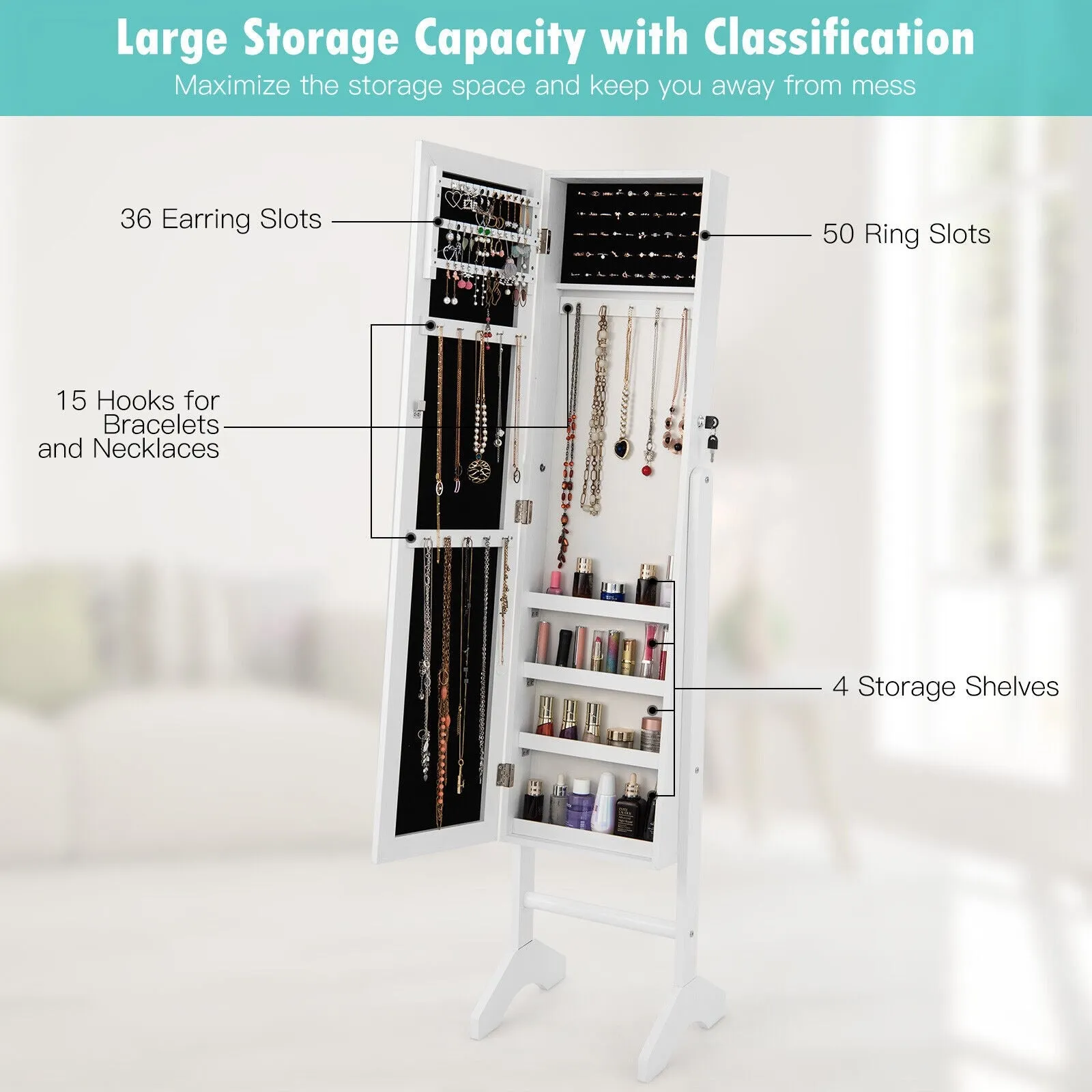 Standing Jewelry Cabinet Jewelry Armoire Cabinet with Full-White