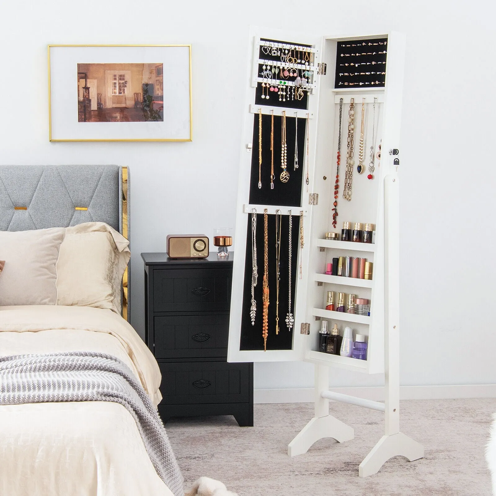 Standing Jewelry Cabinet Jewelry Armoire Cabinet with Full-White