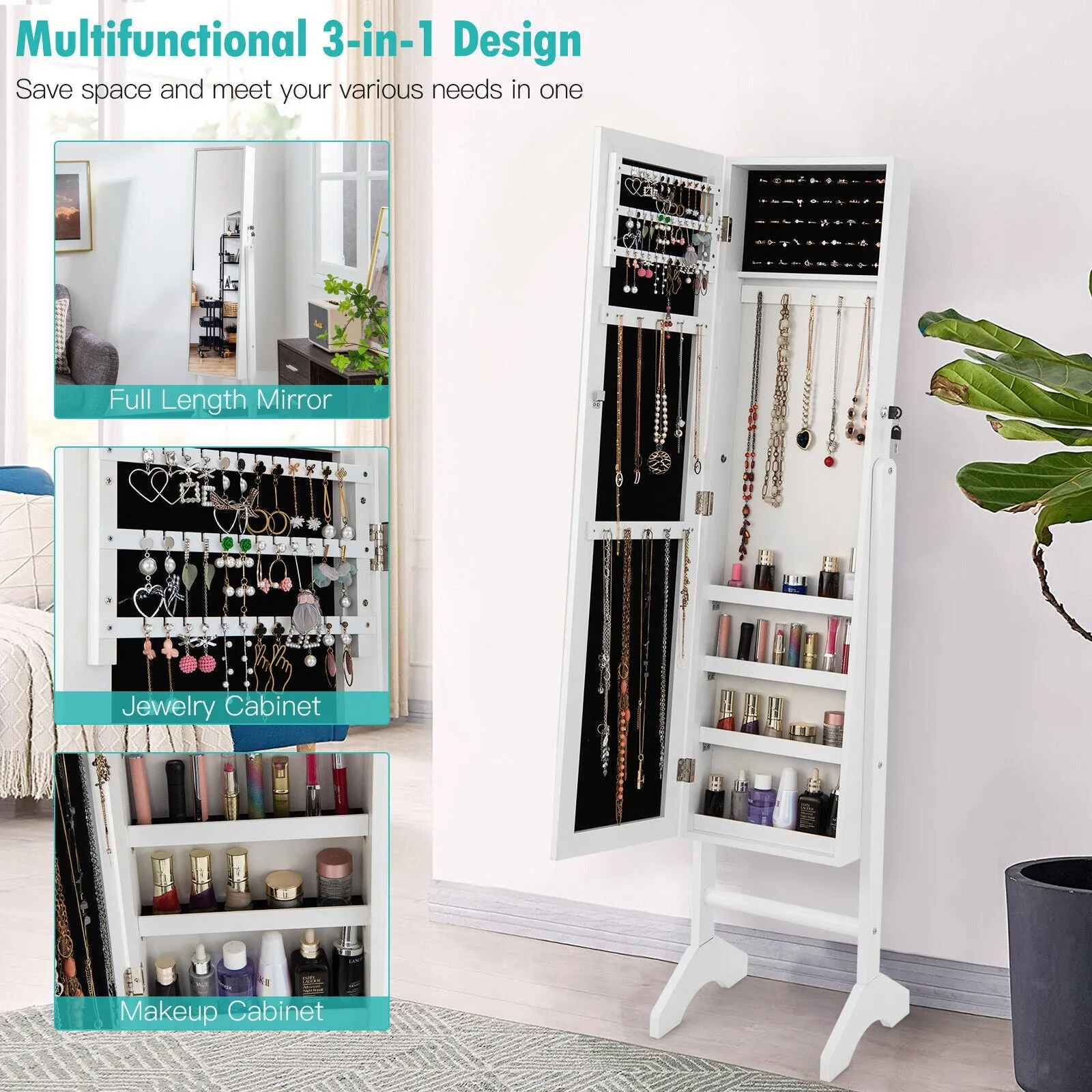 Standing Jewelry Cabinet Jewelry Armoire Cabinet with Full-White